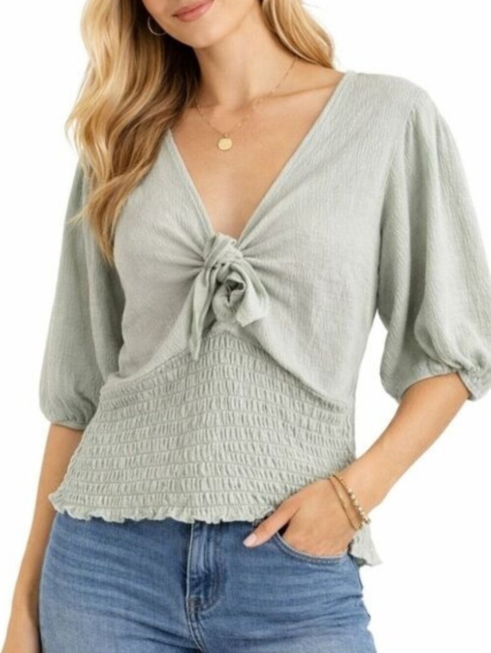 ABERCROMBIE & Fitch Smocked Short Sleeve Tie Front Blouse Top Mint Green Size XS